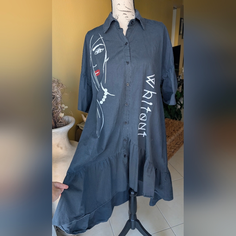 Made In Italy Black Graphic Cotton Shirt Dress High Low Hem Size M/L